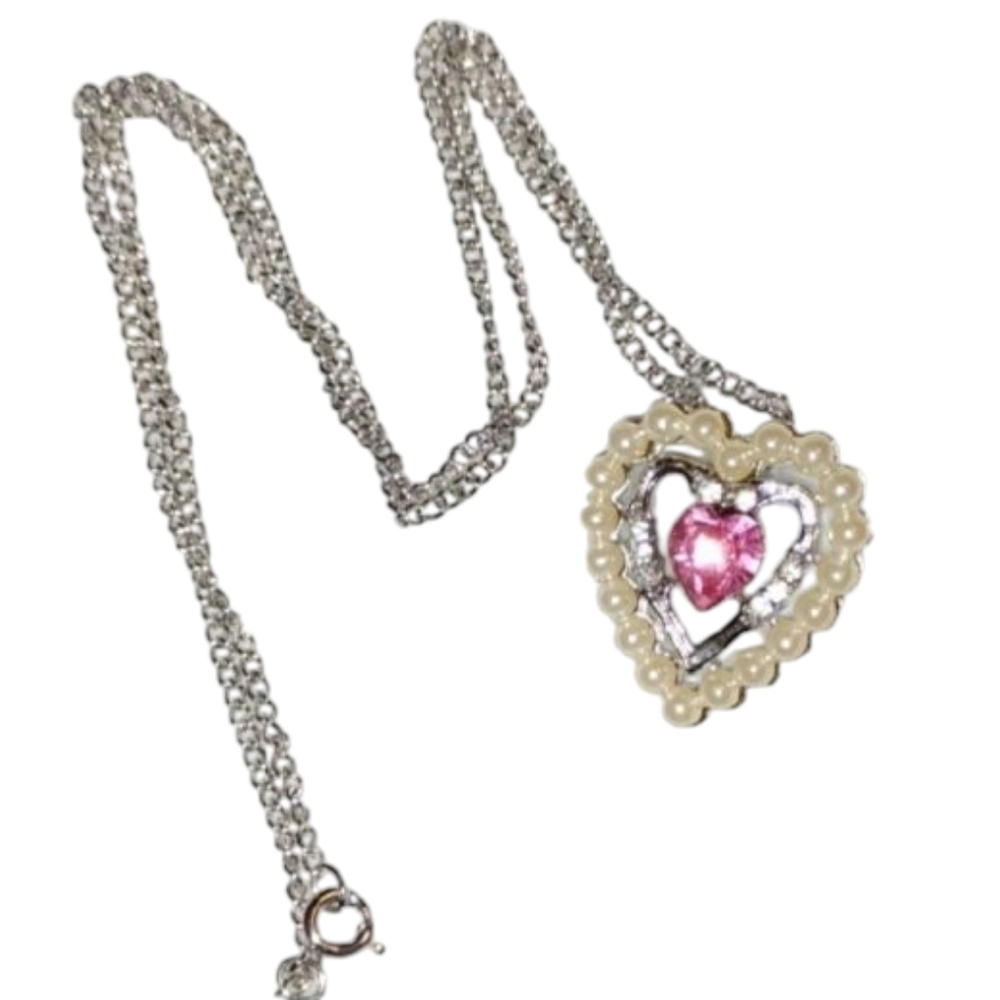 Avon Silver and Pink Heart Necklace Romantic Jewelry